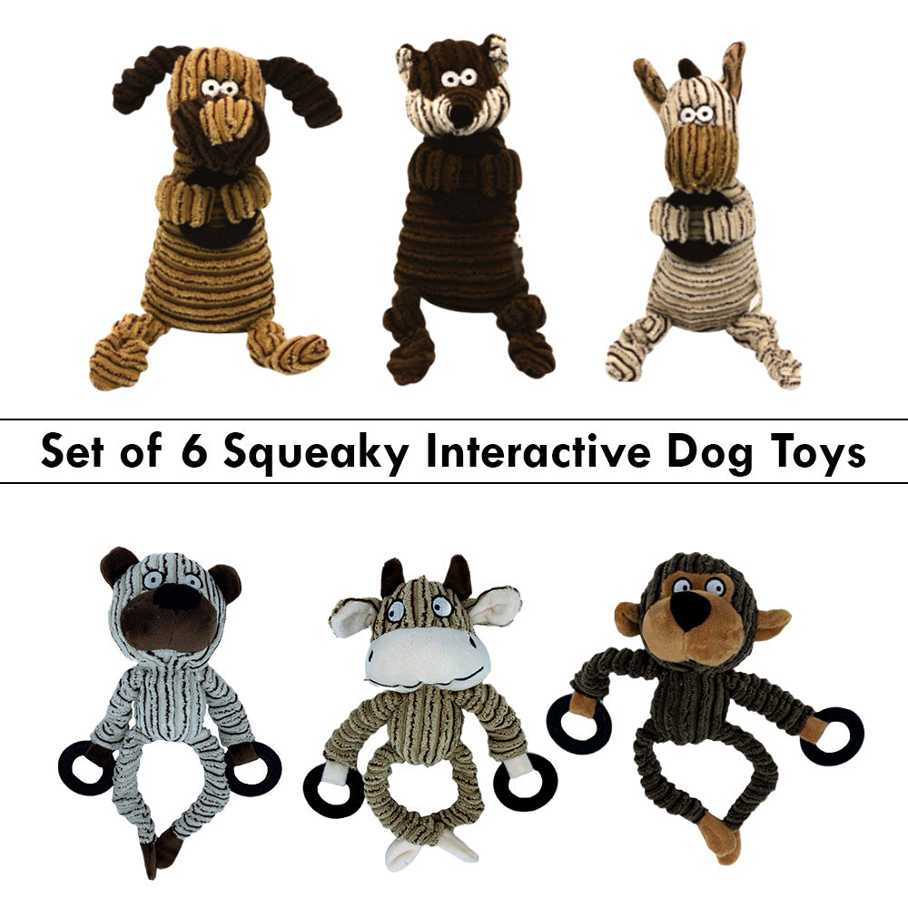 Squeaky Dog toy set of 6 interactive dog toys for small medium and large dog toys. Stuffed, plush, durable and interesting chew toys for all dog sizes